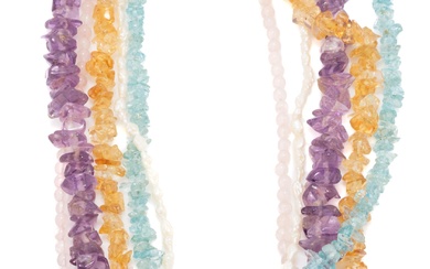 A MULTISTRAND GEM BEAD NECKLACE WITH 14CT GOLD CLASP