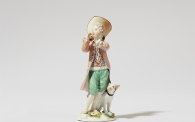 A Meissen porcelain figure of a boy with a dog and a flute
