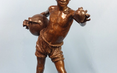 A NEOPOLITAN BRONZE FIGURE OF A BOY OFFERING WATER FROM A JAR WHILE STANDING ON THE RECTANGULAR HEAD