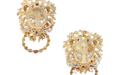 A PAIR OF 14K BI-COLOR GOLD AND DIAMOND LION EARRINGS...