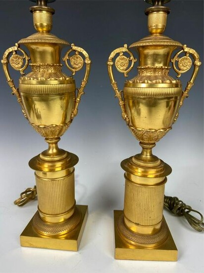 A PAIR OF 19TH C. EMPIRE STYLE ORMOLU LAMPS