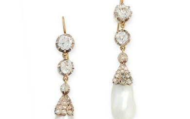 A PAIR OF ANTIQUE NATURAL PEARL AND DIAMOND EARRINGS in
