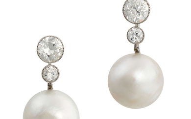 A PAIR OF FINE NATURAL SALTWATER PEARL AND DIAMOND ...