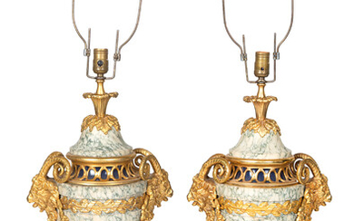 A PAIR OF FRENCH LOUIS XVI STYLE ORMOLU-MOUNTED MARBLE URNS, LATE 19TH CENTURY WITH LATER LAMP MOUNTS