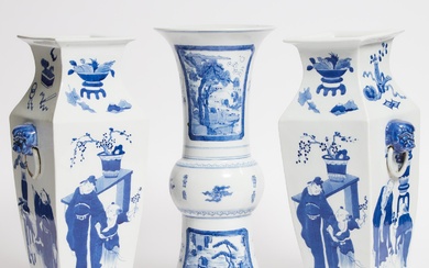 A Pair of Blue and White Square Vases, Together With a Gu-Form Vase, 20th Century