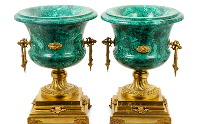 A Pair of Empire Style Gilt Bronze Mounted Malachite Veneered Urns