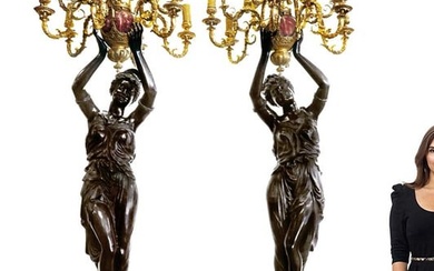 A Pair of Monumental French Bronze/Rouge Marble Torchiere Lamps