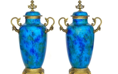 A Pair of 'Sevres' Gilt-Metal-Mounted Flambe-Glazed
