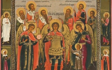 A RARE ICON SHOWING A SELECTION OF ANGELS AND PATRON