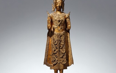 A Ratanakosin gilded and lacquered bronze figure of a bejewelled Buddha Shakyamuni. Thailand. 19th century