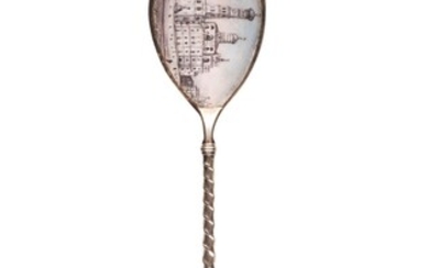 A SILVER AND PLEIN ENAMEL SPOON WITH ARCHITECTURAL VIEW OF