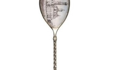 A SILVER AND PLEIN ENAMEL SPOON WITH ARCHITECTURAL VIEW