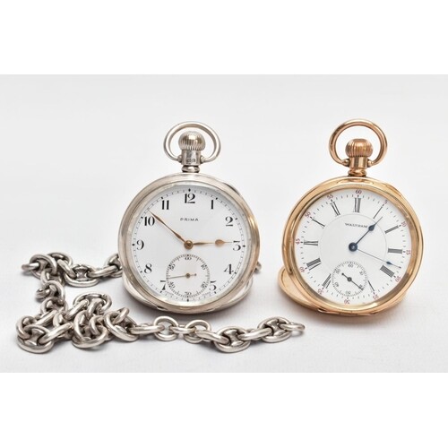 A SILVER OPEN FACE POCKET WATCH, ALBERT CHAIN AND A GOLD-PLA...