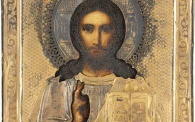 A SMALL ICON SHOWING CHRIST PANTOKRATOR WITH A SILVER-GILT