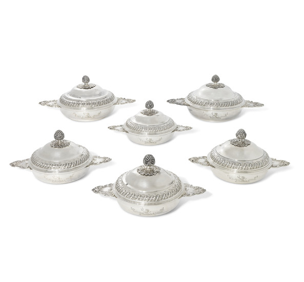 A SUITE OF SIX VICTORIAN AND GEORGE V SILVER ENTREE DISHES AND COVERS, ONE WITH MARK OF MARTIN HALL AND COMPANY, SHEFFIELD, 1899; FOUR WITH MARK OF MOSS MORRIS, LONDON, 1911; ONE WITH 18TH CENTURY FRENCH SPURIOUS MARKS FOR PIERRE PONTUS, LILLE