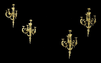 A Set of Four Restauration Gilt Bronze Three-Branch Wall Lights, After the Model Supplied by Louis-Gabriel Féloix to the French Court in 1787, Circa 1820