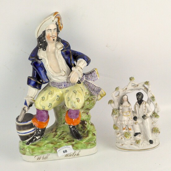 A Staffordshire figure 'Will Wait', height 34cm, together with a ceramic figure of a man and girl