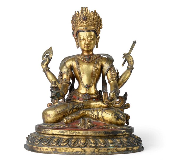 A Tibetan Painted Gilt and Copper Alloy Figure of Shadakshari Avalokiteshvara, probably...