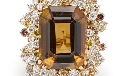 A Tourmaline, Diamond, Colored Diamond, Platinum and Gold Ring