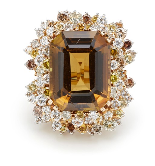 A Tourmaline, Diamond, Colored Diamond, Platinum and Gold Ring