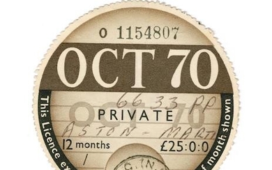 A UK tax disc issued to the James Bond 'Goldfinger' Aston Martin DB5 and signed letter of authenticity from David Brown