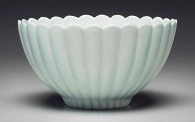 A VERY RARE PALE BLUE-GLAZED CHRYSANTHEMUM-FORM DEEP BOWL, YONGZHENG SIX-CHARACTER MARK IN UNDERGLAZE BLUE WITHIN A DOUBLE CIRCLE AND OF THE PERIOD (1723-1735)