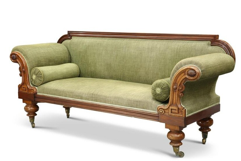 A VICTORIAN MAHOGANY SETTEE, the out-scrolled ends