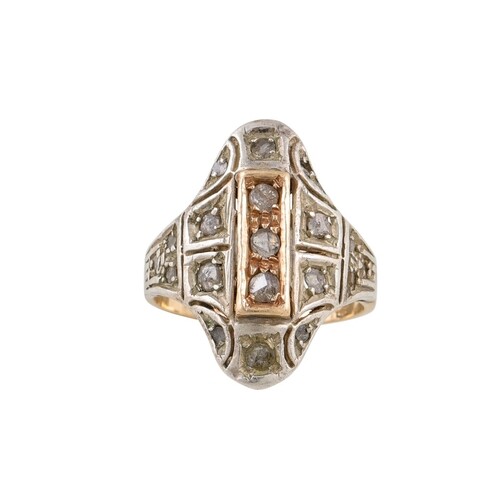 A VINTAGE DIAMOND SET RING, mounted in 9ct gold, of plaque f...
