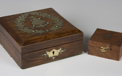 A Victorian walnut and brass mounted box, enclosing a selection of gaming counters and whist markers