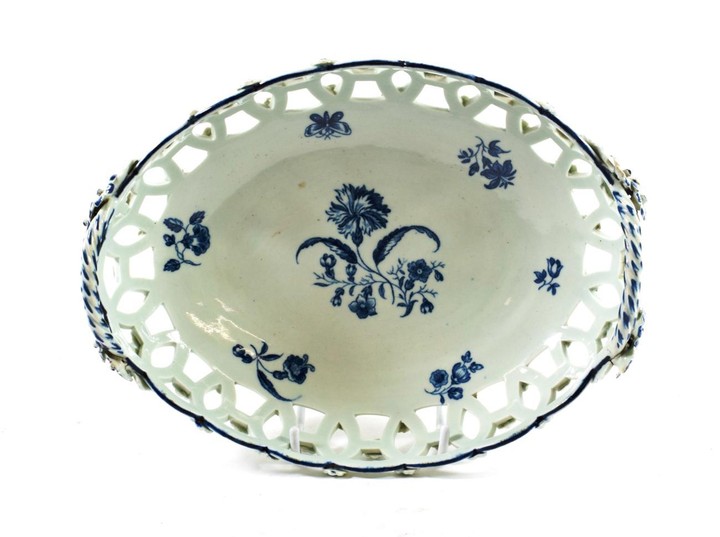 A Worcester Porcelain Oval Basket, circa 1775, with twin handles,...