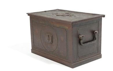 A circa 1800 Neoclassical painted iron money chest. Lock with 12 locking pawls. H. 51. W. 82. D. 51 cm.