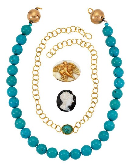 A collection of jewellery comprising: a fancy link necklace centring on an oval engraved turquoise, length 38cm, gross weight 20 grams; a turquoise bead necklace, composed of a uniform row of turquoise beads, length 45cm, a mother-of pearl double...