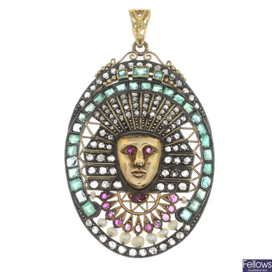 A gold Egyptian Revival rose-cut diamond, ruby, emerald and seed pearl pendant.
