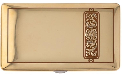 A gold cigarette case by Janesich, with rose-cut diamond thumbpiece, orange champleve enamel border detail and central matching enamel and raised foliate chased decorative motif, signed Janesich, numbered 13392. c. 1920 French assay mark, 5.3cm x...