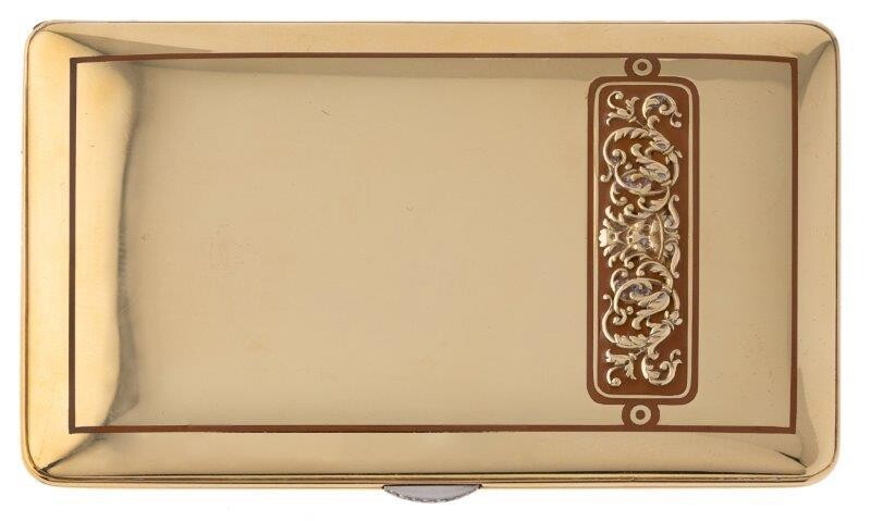 A gold cigarette case by Janesich, with rose-cut diamond thumbpiece, orange champleve enamel border detail and central matching enamel and raised foliate chased decorative motif, signed Janesich, numbered 13392. c. 1920 French assay mark, 5.3cm x...