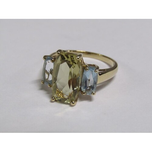 A gold citrine and aquamarine set ring, size P.
