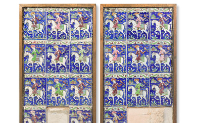 A group of Qajar underglaze-painted moulded pottery tiles depicting mounted...