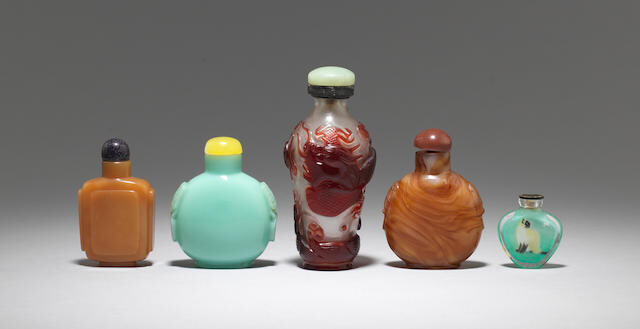 A group of five glass snuff bottles