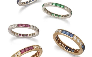 A group of six gem-set and diamond eternity rings, set with brilliant- and single-cut diamonds and calibre-cut sapphires, rubies and emeralds respectively. (6)