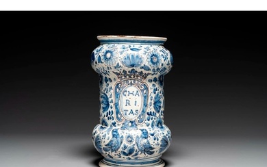 A large Italian blue, white and manganese albarello drug jar...