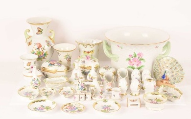 A large group of Herend porcelain in the Queen Victoria pattern comprising a baroque-style handled v
