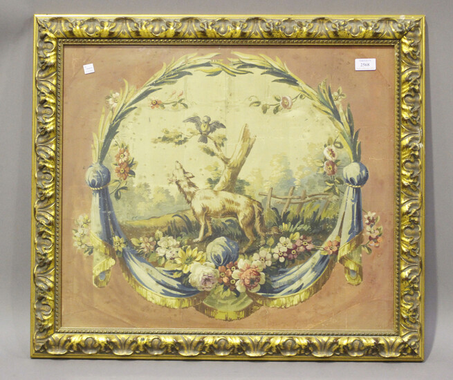A late 18th/19th century watercolour panel, painted with a dog and bird within a garden and swagged