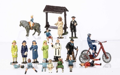A lot of figures and accessories of Village Life by various makers including Hill and Britains comprising Pixyland Old Man and Women (2)