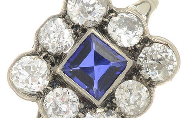A mid 20th century synthetic sapphire and old-cut diamond cluster ring.