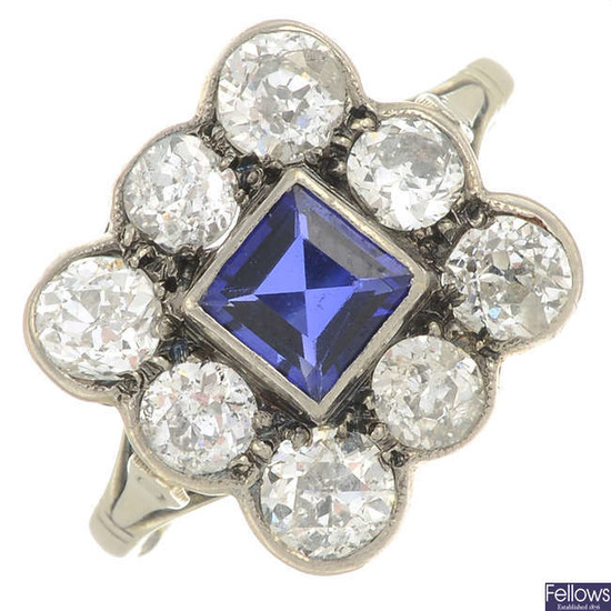 A mid 20th century synthetic sapphire and old-cut diamond cluster ring.