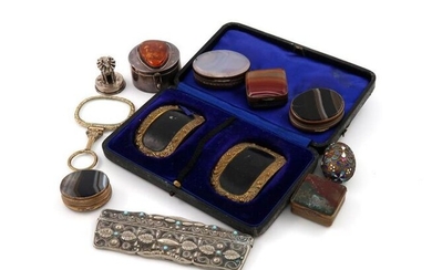 A mixed lot, comprising: silver items: a miniature seated dog wearing a ruff, probably for Mr. Punch~s dog Toby, by James Dudley, London 1894, plus other items including a gilt and enamel egg, possibly Russian, five gilt and hardstone boxes, a...