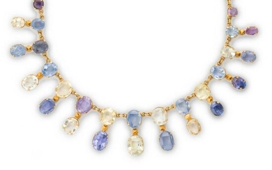 A multi-hued gemstone and gold-filled necklace