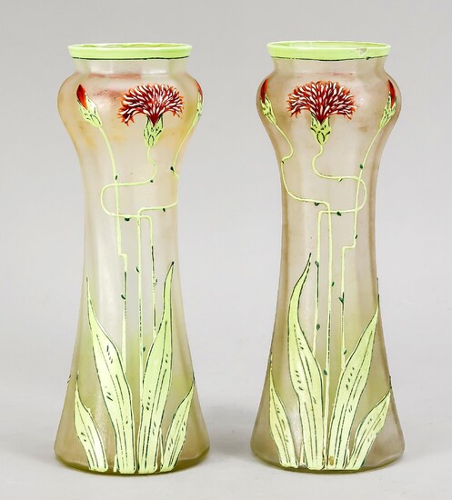 A pair of Art Nouveau vases, around 1900, round stand, curved, slender body, clear matt glass, with polychrome floral cold enamel painting, dam., h. 26 cm