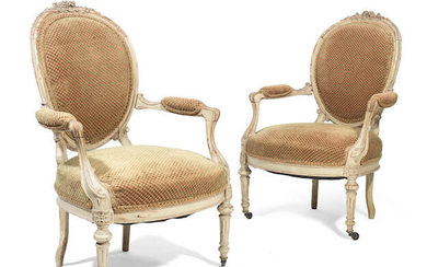 A pair of French late 19th century grey painted fauteuils