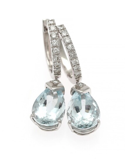 A pair of aquamarine and diamond ear pendants each set with a pear-shaped aquamarine flanked by diamonds, mounted in 18k white gold. (2)